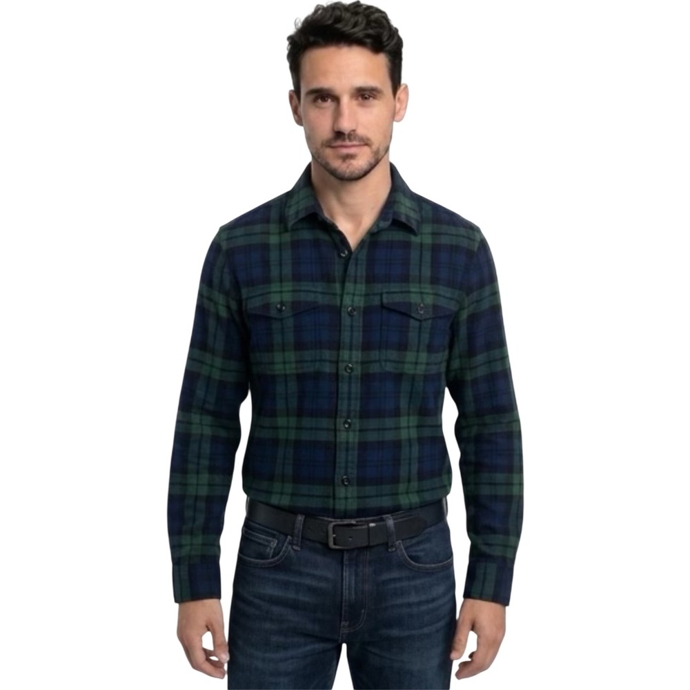 American Eagle Mens Small Flannel Shirt Navy Blue Green Plaid Cotton Button Down